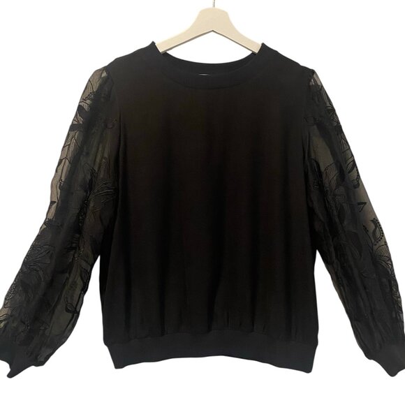 Express Black Blouse Women  L Sheer Embroidered Long Sleeve Romantic Dressy Top - Picture 8 of 8